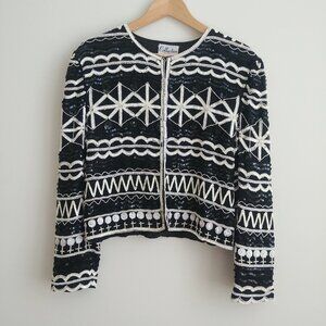 Vintage 100% silk hand beaded cardigan jacket white black sequins beads XL